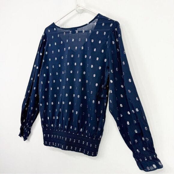 Ann Taylor Factory Navy Blue Silver Metallic Polka Dot Lightweight V Neck Blouse - Picture 8 of 15